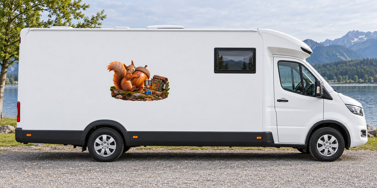 Eichhörnchen mit Notvorrat – Beispiel am Wohnmobil