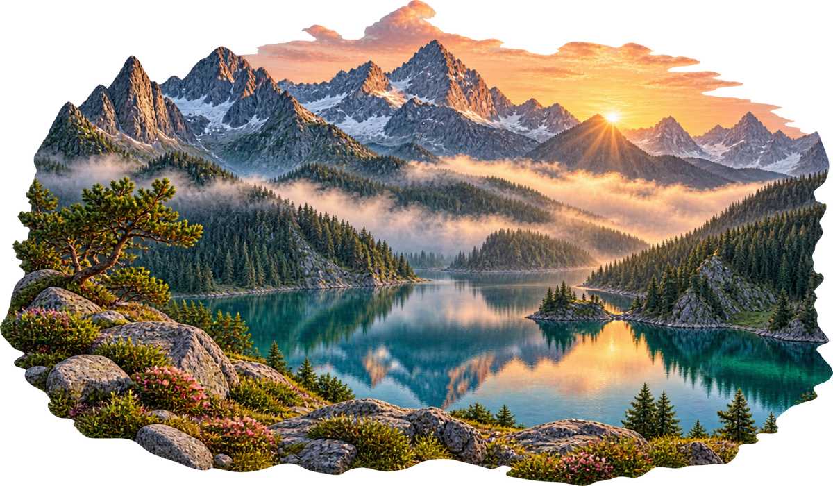 Morgennebel am Bergsee – Aufklebermotiv