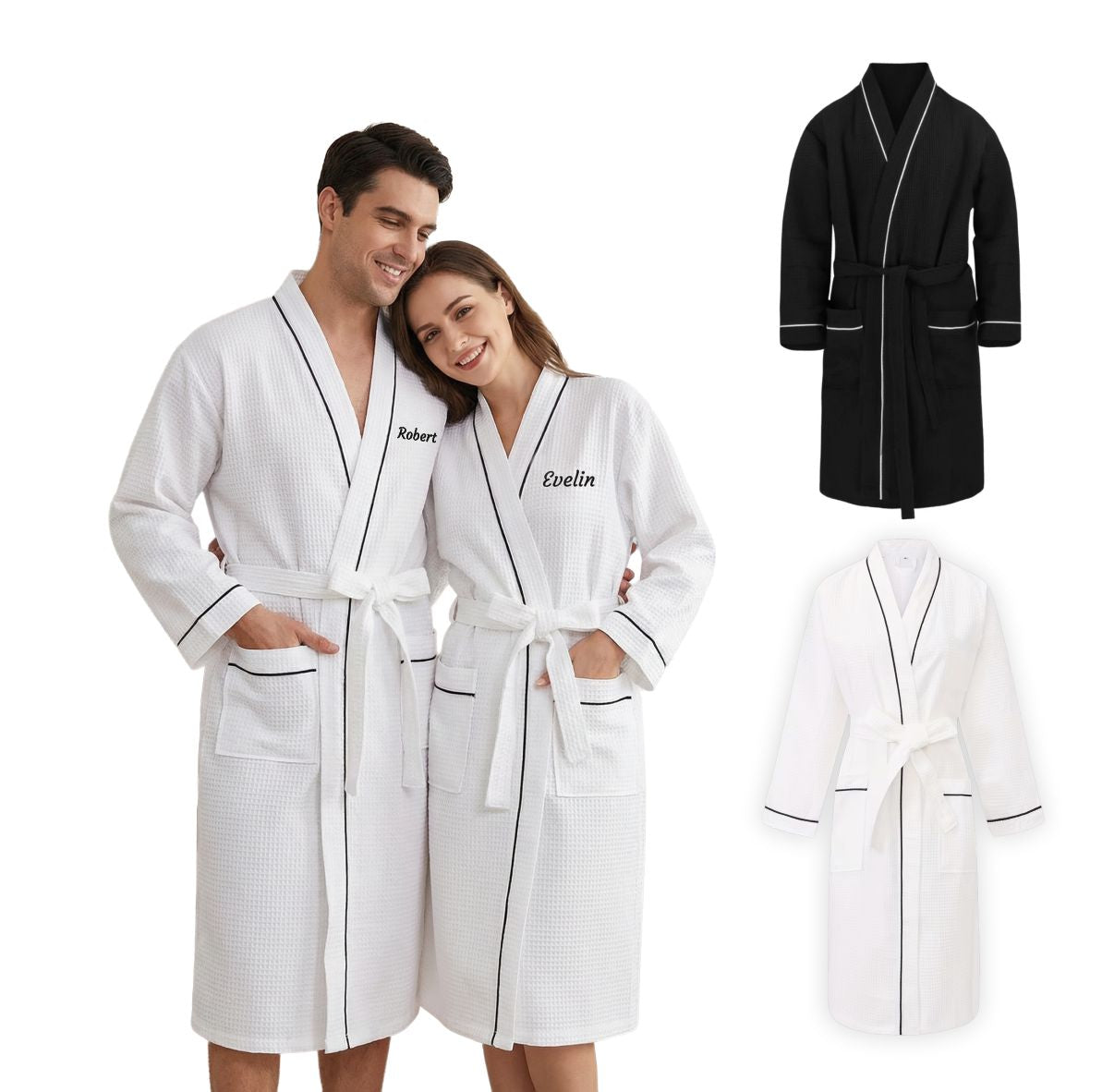 Personalisierter Waffel-Bademantel mit gesticktem Namen, 100% Baumwolle - FOTOFOL