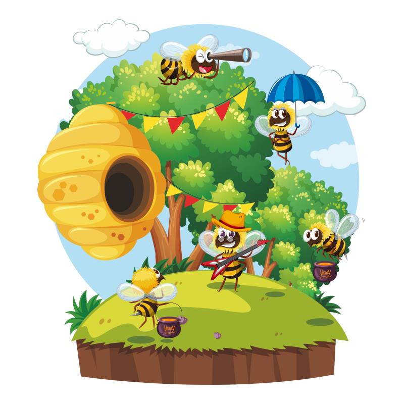 Wandtatoo Kinderzimmer Deko Bienen fliegen um Bienenstock auf der Insel - FOTOFOL