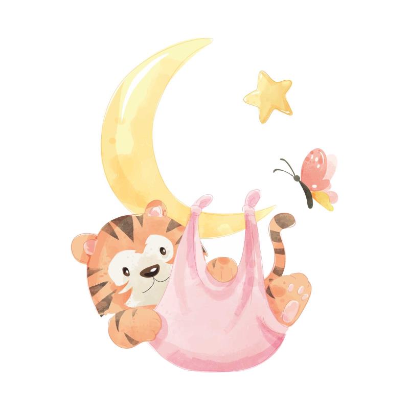 Wandtattoo Kinderzimmer Tiger in der Hängematte, die am Mond hängt - FOTOFOL