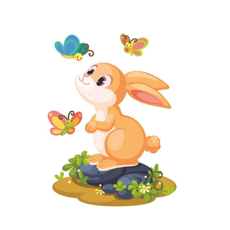 Wandtattoo Kinderzimmer Nettes Kaninchen mit Schmetterlingen spielen - FOTOFOL