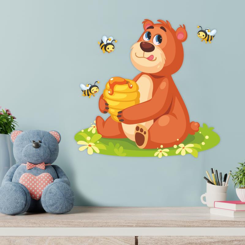Wandtatoo Kinderzimmer Deko kleiner Bär, der einen Honigbienenstock hält - FOTOFOL