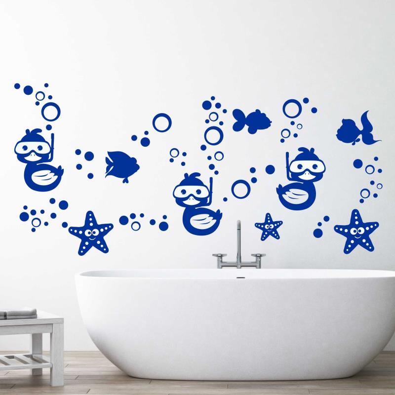 Wandtattoo Badezimmer Enten Unterwasser mit Fische und Seesterne Luftblasen - FOTOFOL