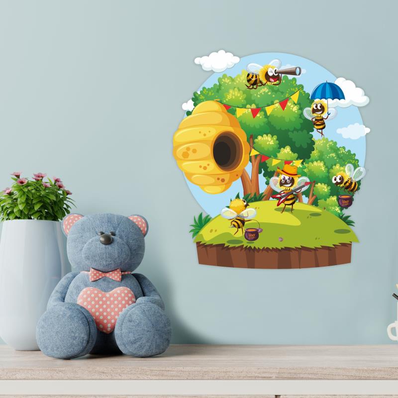 Wandtatoo Kinderzimmer Deko Bienen fliegen um Bienenstock auf der Insel - FOTOFOL