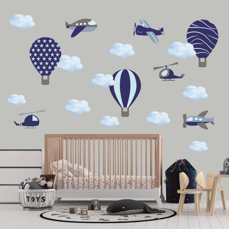 Wandtattoo Kinderzimmer Flugzeuge mit Wolken Farbe Blau Grau - FOTOFOL
