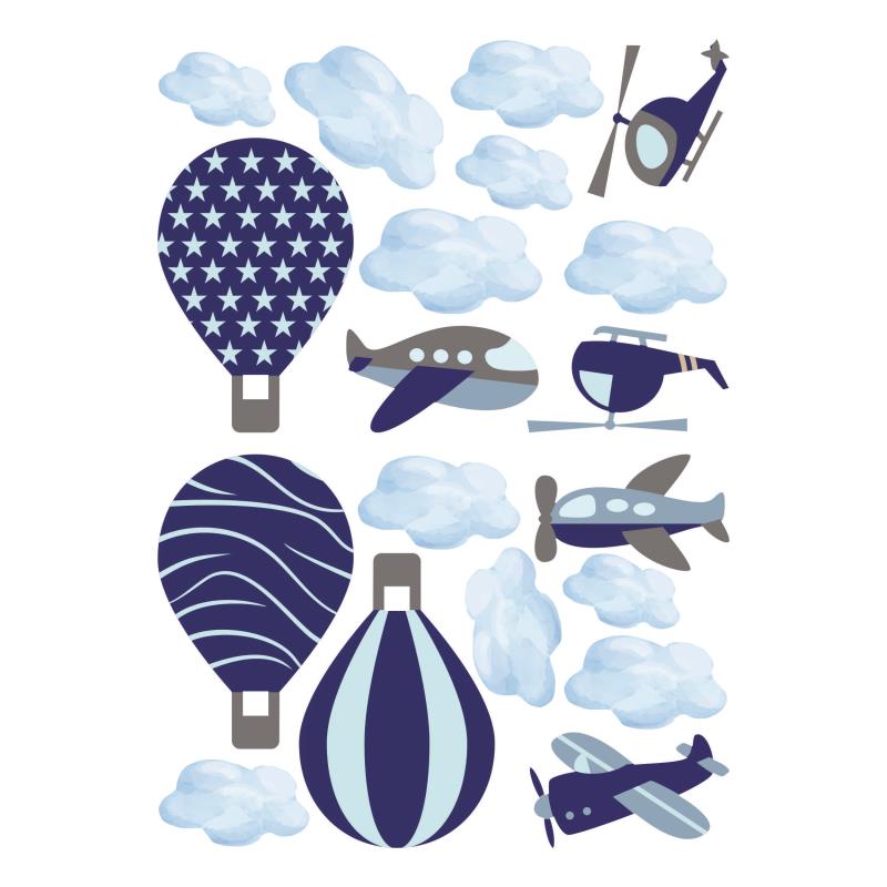 Wandtattoo Kinderzimmer Flugzeuge mit Wolken Farbe Blau Grau - FOTOFOL