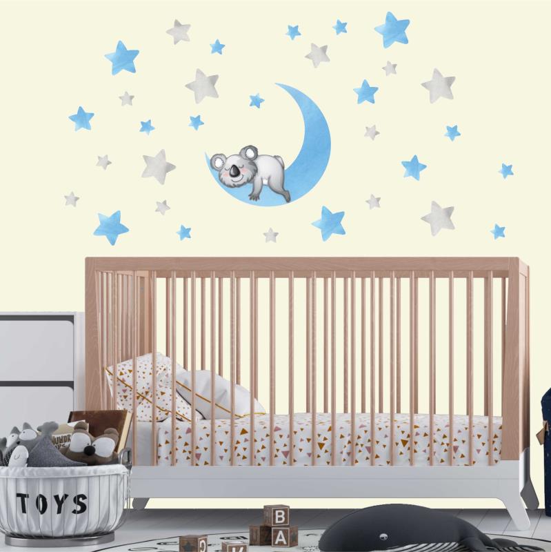 Wandtattoo Kinderzimmer Mond mit Koala Bär und Sternen - FOTOFOL