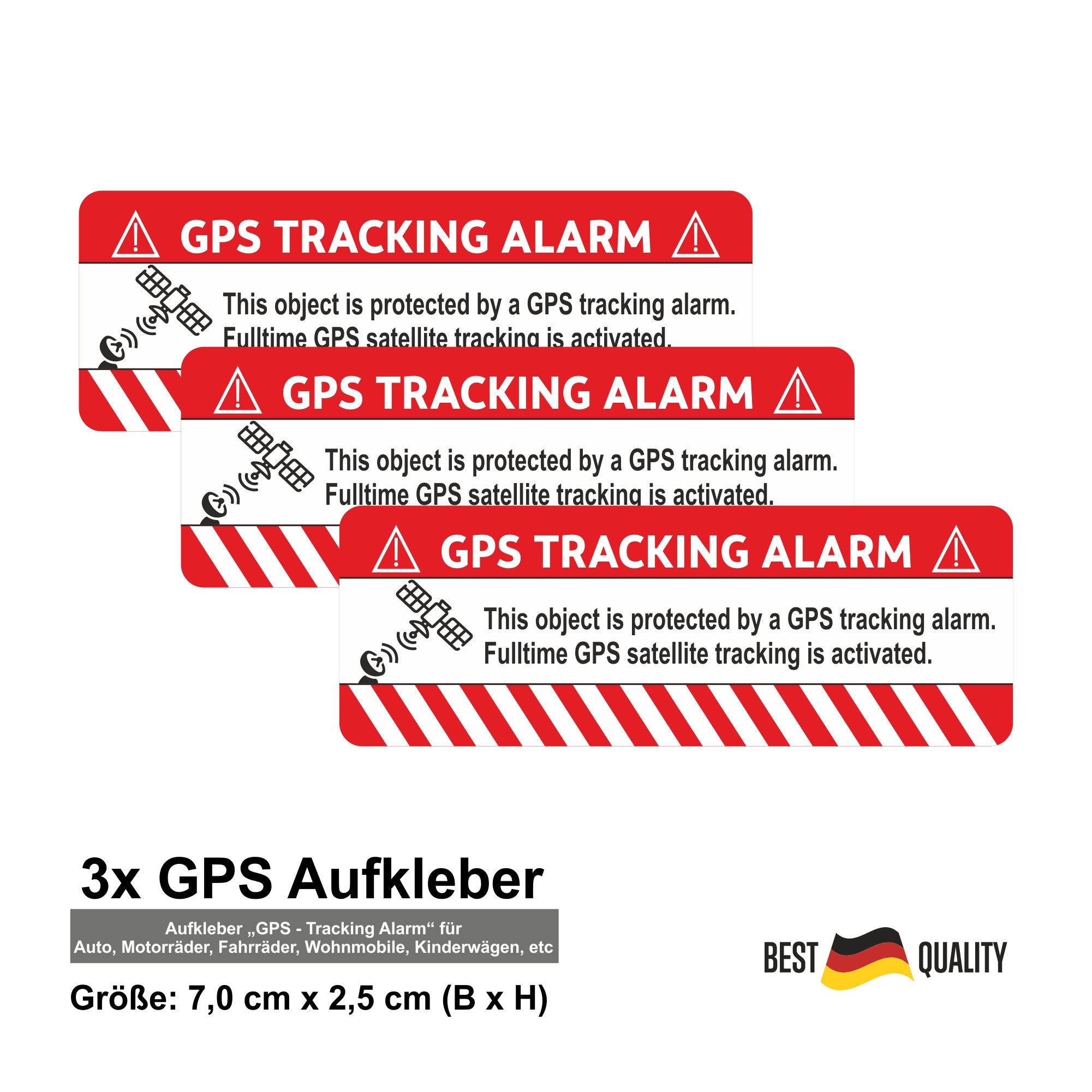 gps tracker fahrrad aufkleber 3er Set - Weiß Aufkleber „GPS - Tracking Alarm“ für Auto Motorräder  Fahrräder Wohnmobile Kinderwägen GPS Object Folie Diebstahlschutz Alarm