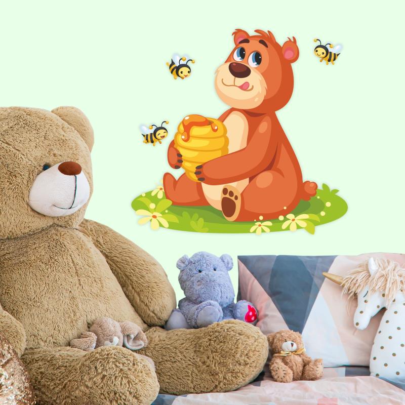 Wandtatoo Kinderzimmer Deko kleiner Bär, der einen Honigbienenstock hält - FOTOFOL