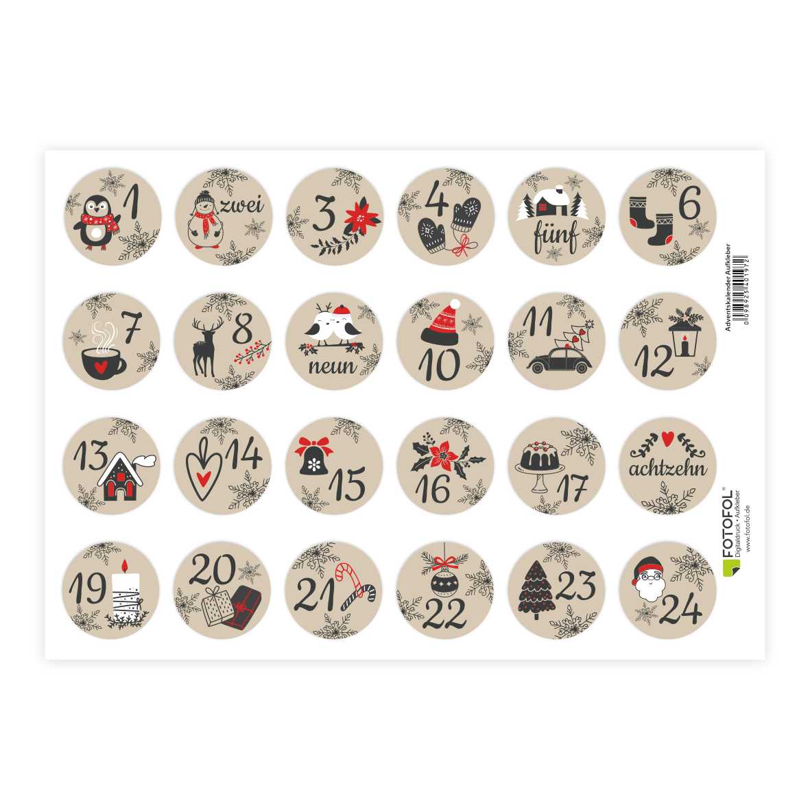 Aufkleber Adventskalender Zahlen - Sticker für Kalender für Weihnachten - zum Basteln - FOTOFOL