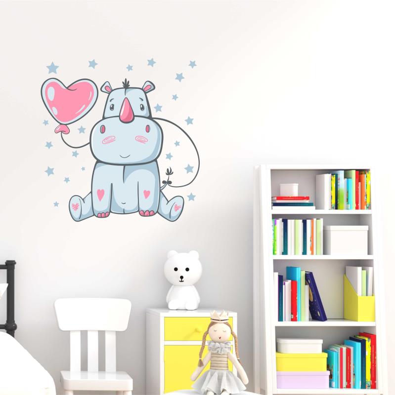 Wandtattoo Kinderzimmer Nashorn mit Ballon Herz Sterne - FOTOFOL