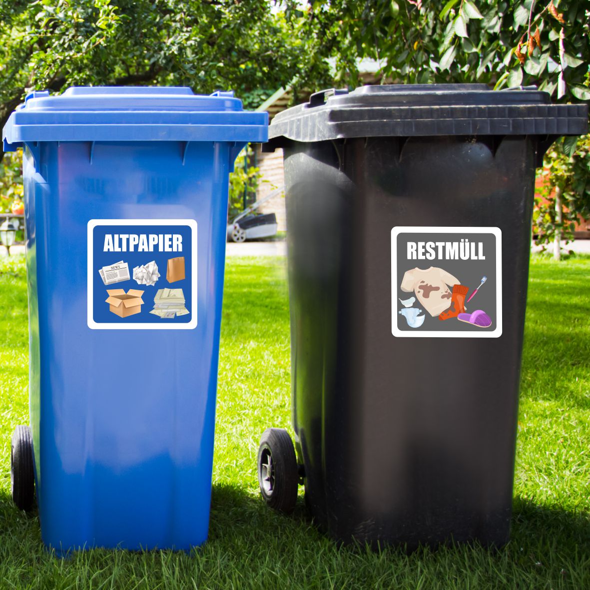 Aufkleber für Abfall- und Mülltrennung Aufkleber 20x20cm - UV-Beständig und Wetterfest - Restmüll, Gelber Sack, Biomüll, Altpapier - FOTOFOL