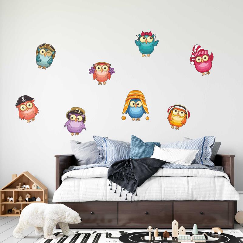 Wandtattoo Kinderzimmer Set von 8 bunten Eulen - FOTOFOL