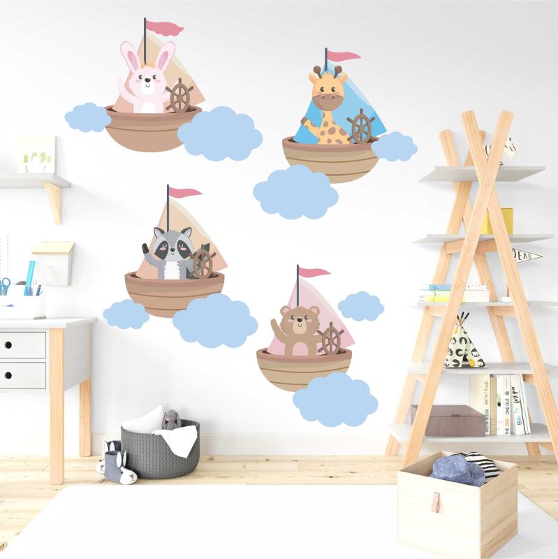 Wandtattoo Kinderzimmer Schiffe mit Tiere Hase Giraffe Bär Waschbär Wolken - FOTOFOL