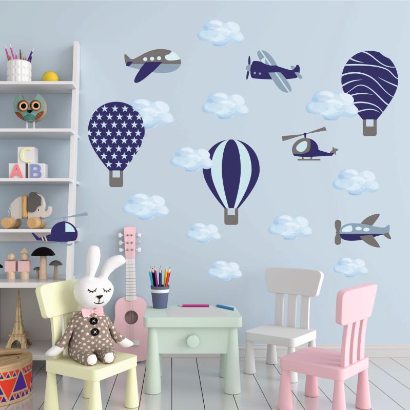Wandtattoo Kinderzimmer Flugzeuge mit Wolken Farbe Blau Grau - FOTOFOL