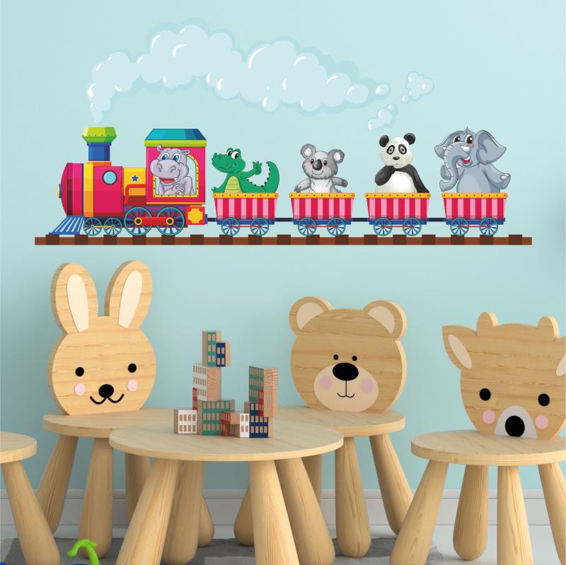 Wandtatoo Kinderzimmer Deko Zug mit Nilpferd Krokodil Koalabär Panda Elefant - FOTOFOL