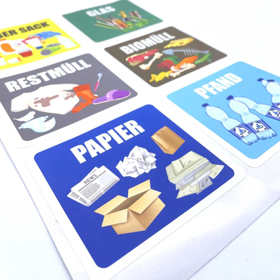 6er Set Aufkleber Mülltrennung Abfalleimer Mülltonne - Gelber Sack, Altglas, Altpapier, Restmüll, Biomüll, Pfand - Aufkleber 9,8 x 9 cm für Innen - FOTOFOL