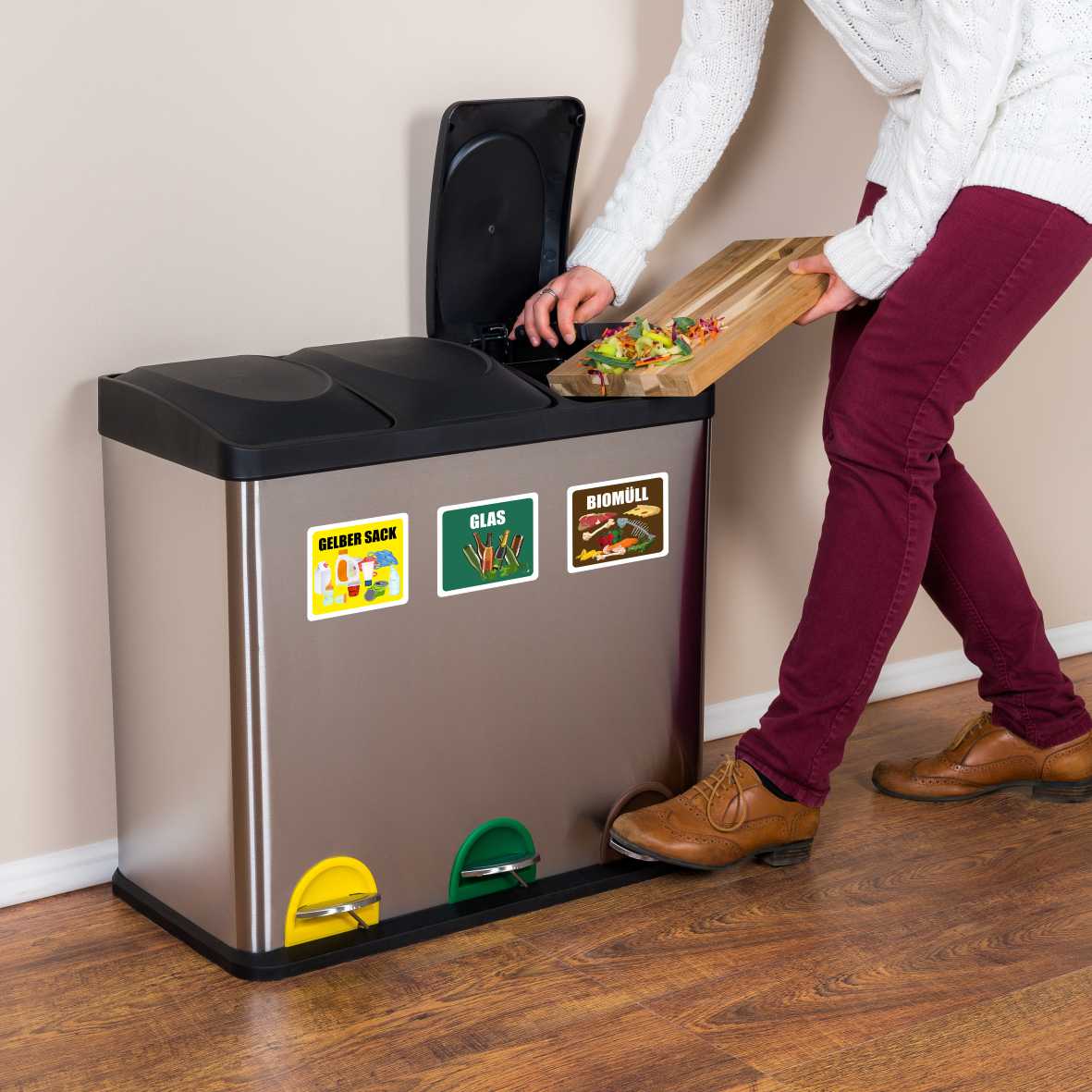 6er Set Aufkleber Mülltrennung Abfalleimer Mülltonne - Gelber Sack, Altglas, Altpapier, Restmüll, Biomüll, Pfand - Aufkleber 9,8 x 9 cm für Innen - FOTOFOL