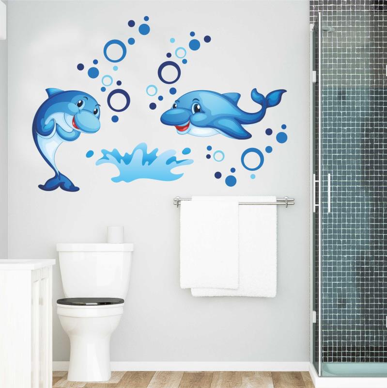 Wandtattoo Badezimmer niedliche Delphine Luftblasen Wasser - FOTOFOL