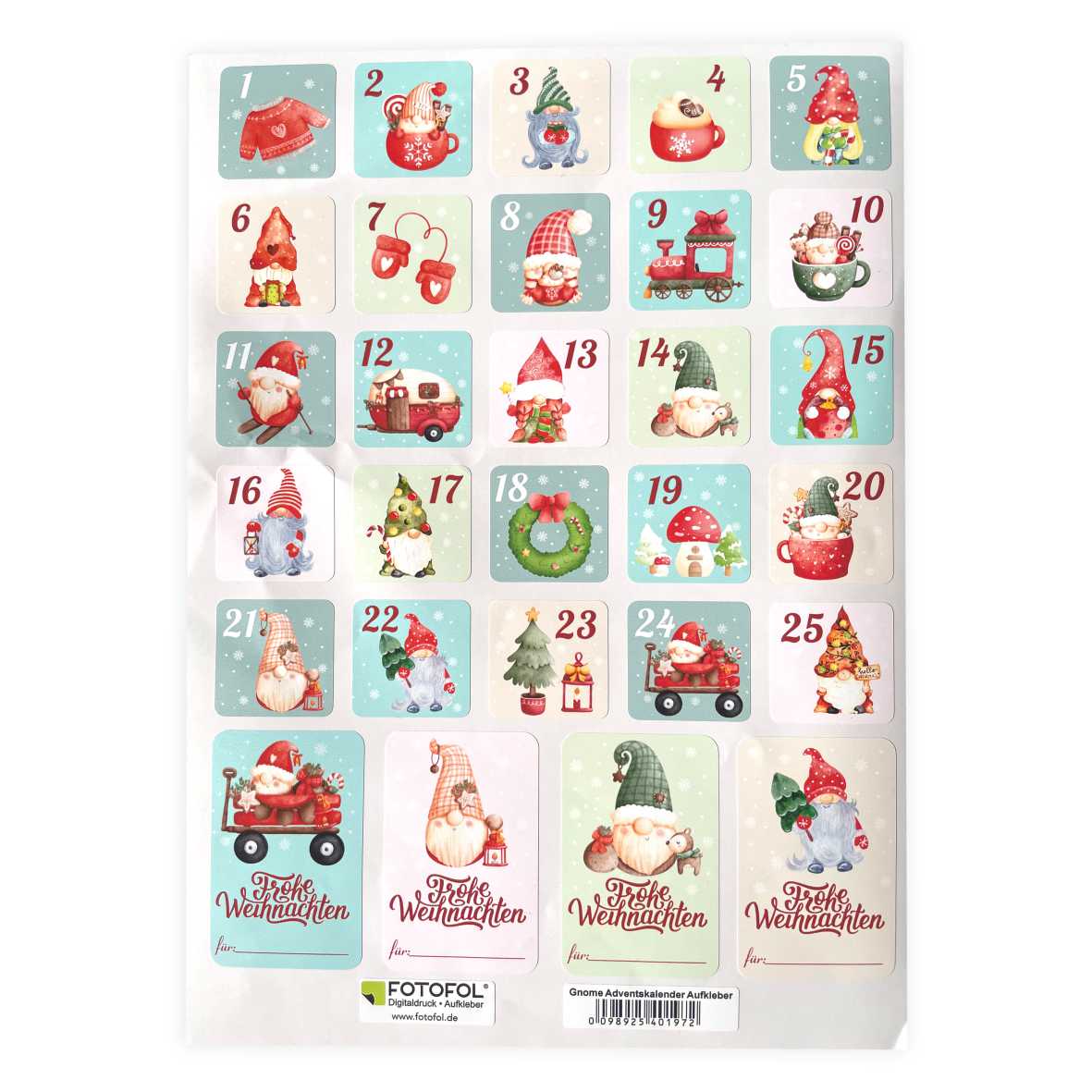 Aufkleber  GNOME Set Adventskalender Zahlen - Sticker für Kalender für Weihnachten - FOTOFOL