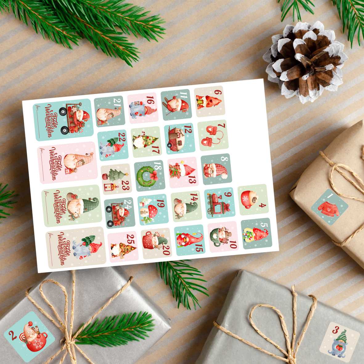 Aufkleber  GNOME Set Adventskalender Zahlen - Sticker für Kalender für Weihnachten - FOTOFOL