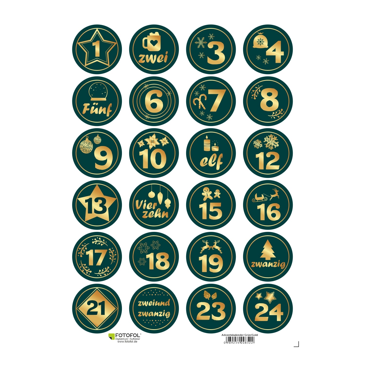 Adventskalender Aufkleber Set - runde Zahlenaufkleber (matt) Ø 4,5cm - Adventskalender zum Basteln - FOTOFOL