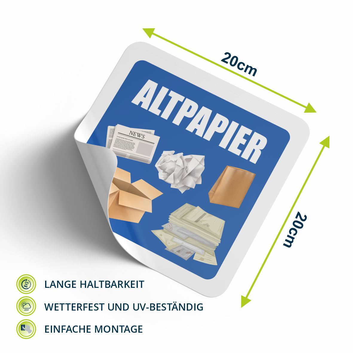 Aufkleber für Abfall- und Mülltrennung Aufkleber 20x20cm - UV-Beständig und Wetterfest - Restmüll, Gelber Sack, Biomüll, Altpapier - FOTOFOL