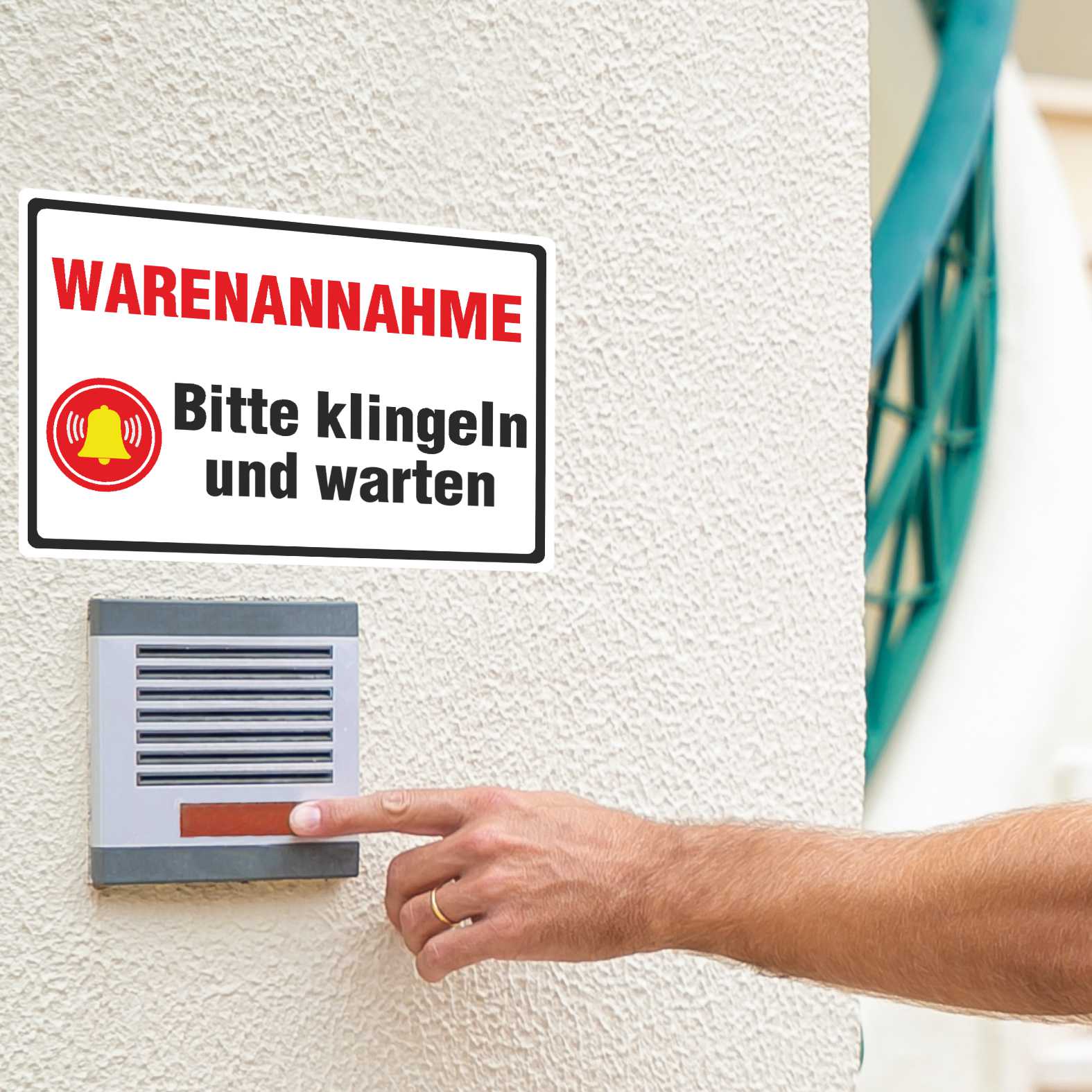 Aufkleber 29x20cm "Warenannahme - Bitte klingeln und warten" - Hinweisaufkleber für den Innen- und Außenbereich - Folie selbstklebend - FOTOFOL