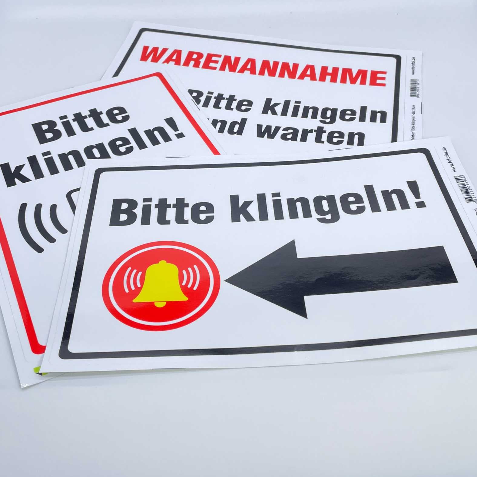 Aufkleber 29x20cm "Warenannahme - Bitte klingeln und warten" - Hinweisaufkleber für den Innen- und Außenbereich - Folie selbstklebend - FOTOFOL