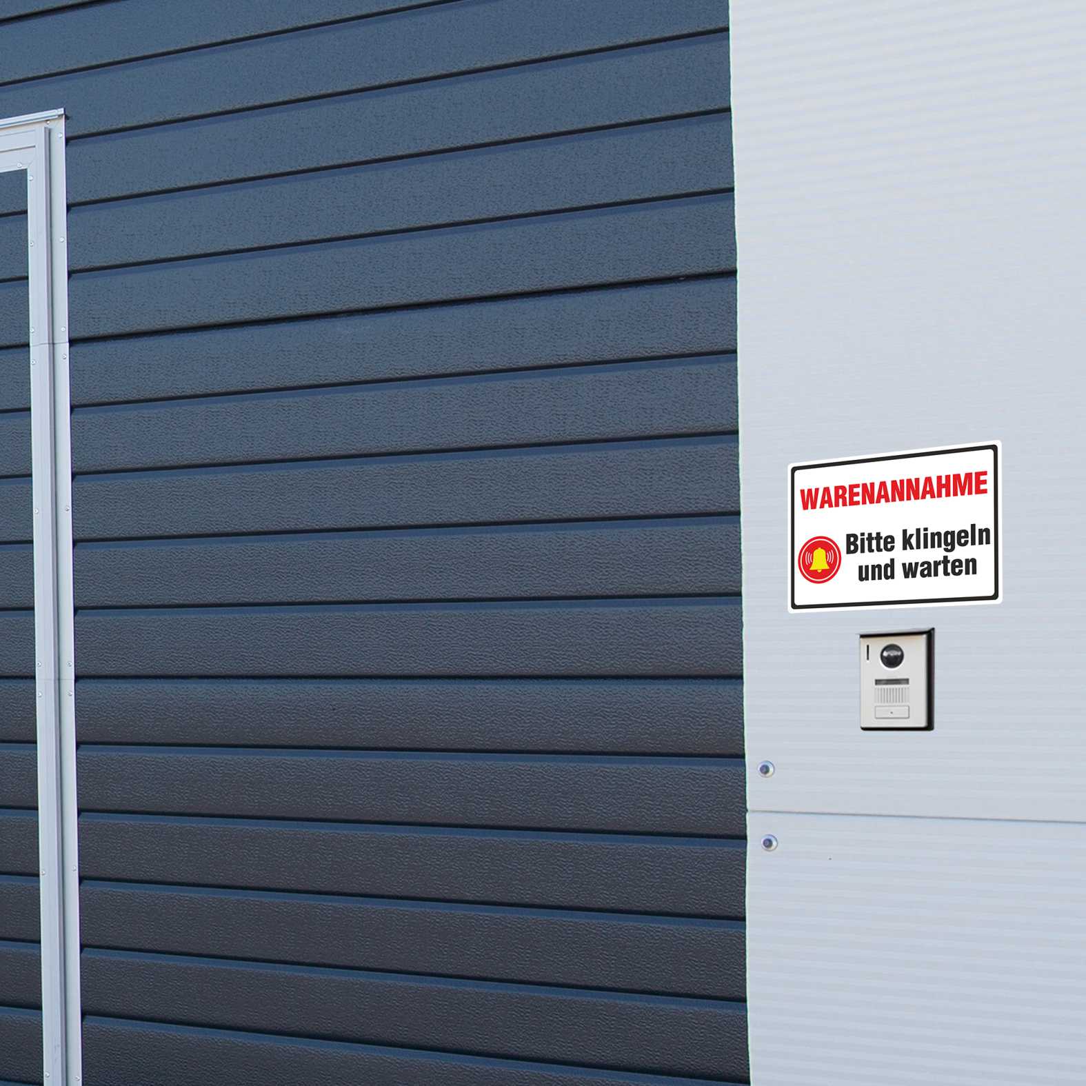 Aufkleber 29x20cm "Warenannahme - Bitte klingeln und warten" - Hinweisaufkleber für den Innen- und Außenbereich - Folie selbstklebend - FOTOFOL