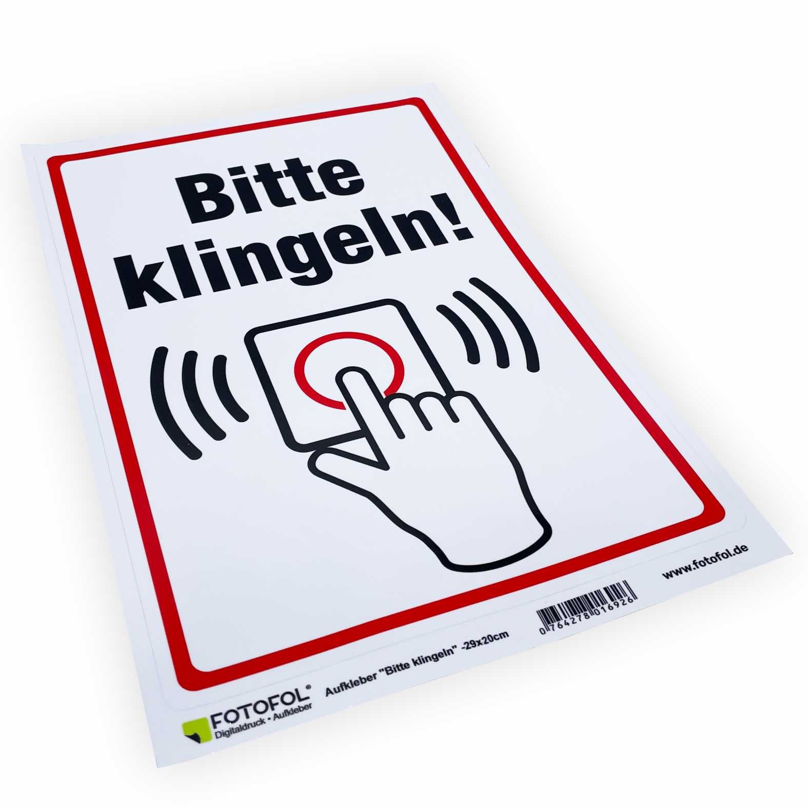 Aufkleber 20x29cm "Bitte klingeln" - Hinweisaufkleber für den Innen- und Außenbereich - Folie selbstklebend - FOTOFOL