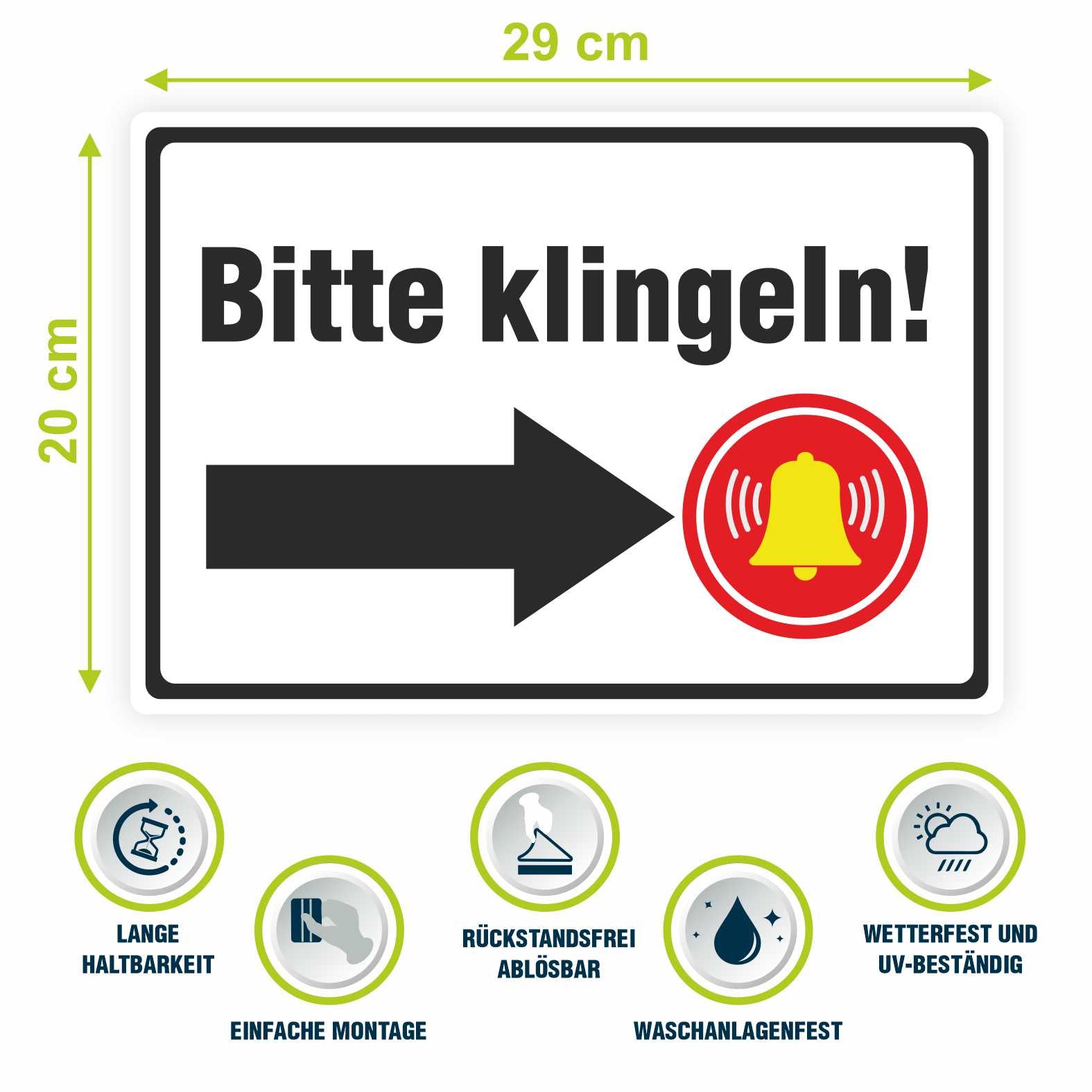 Aufkleber 29x20cm "Bitte klingeln - Pfeil rechts oder links" - Hinweisaufkleber für den Innen- und Außenbereich - Folie selbstklebend - FOTOFOL