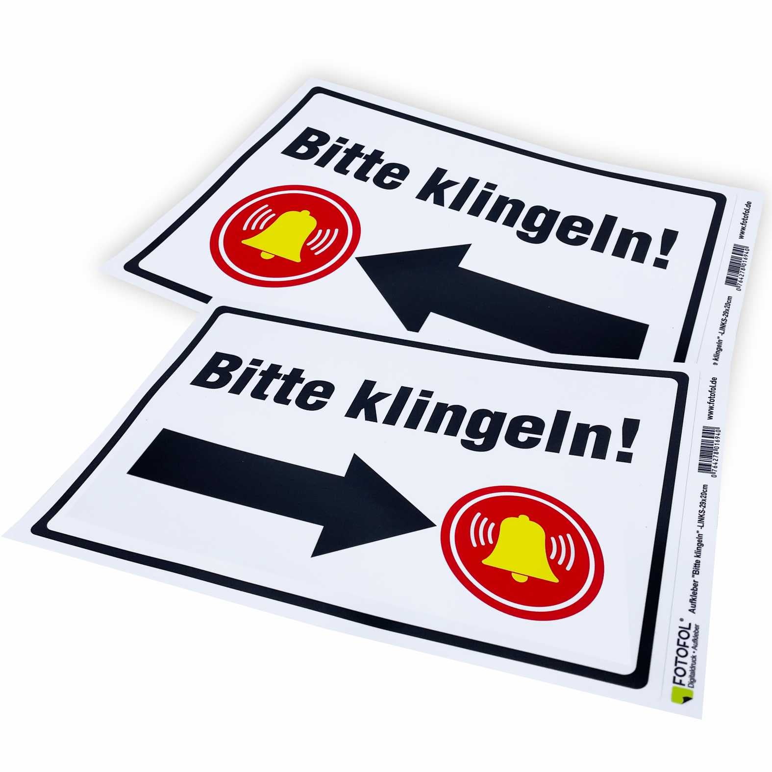 Aufkleber 29x20cm "Bitte klingeln - Pfeil rechts oder links" - Hinweisaufkleber für den Innen- und Außenbereich - Folie selbstklebend - FOTOFOL
