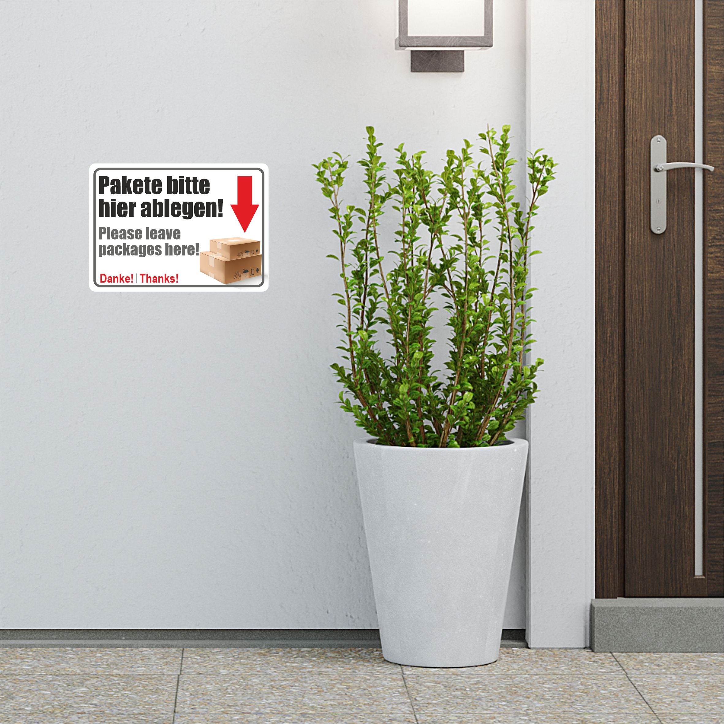 Aufkleber - "Pakete bitte hier ablegen!" - "Please leave packages here!" - FOTOFOL