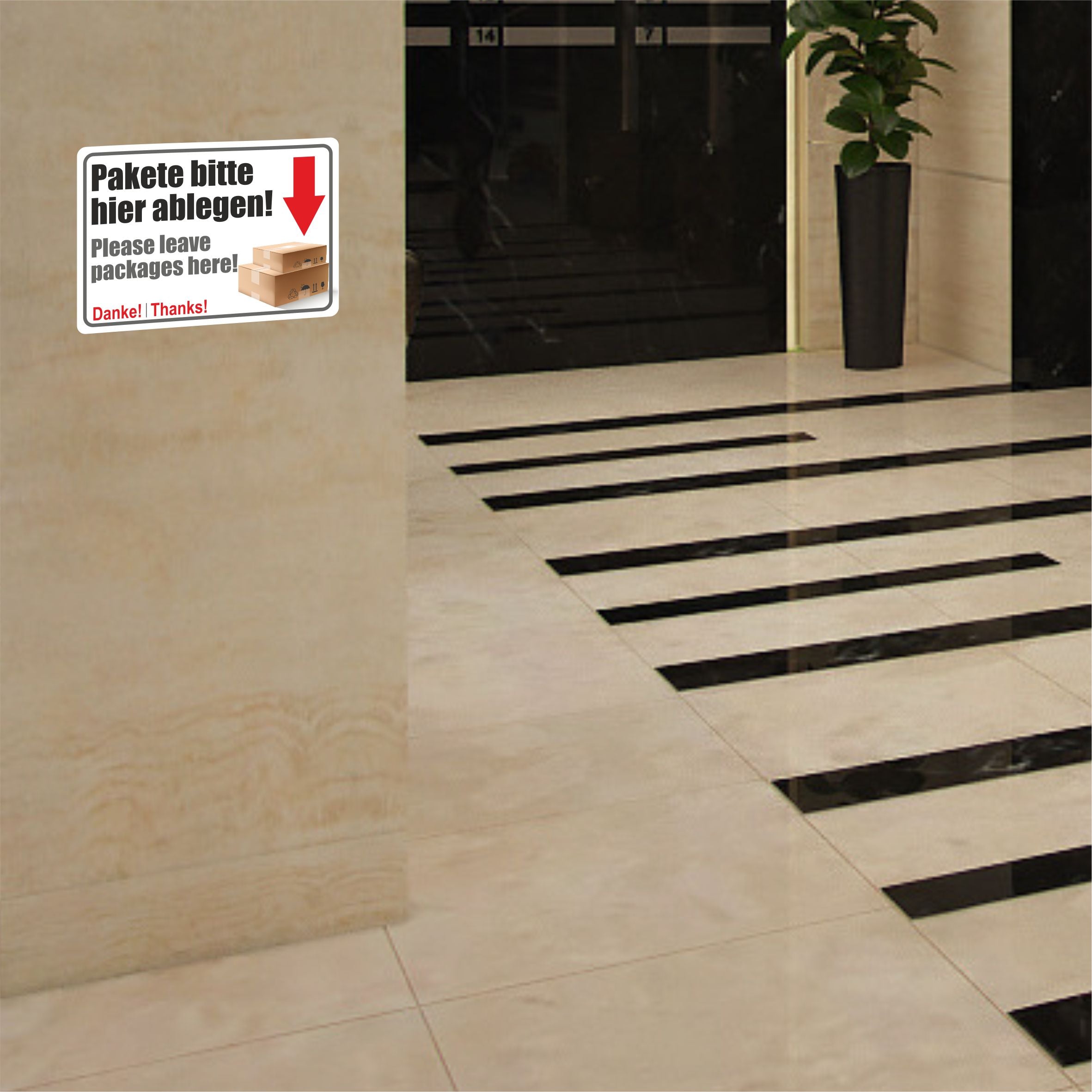 Aufkleber - "Pakete bitte hier ablegen!" - "Please leave packages here!" - FOTOFOL