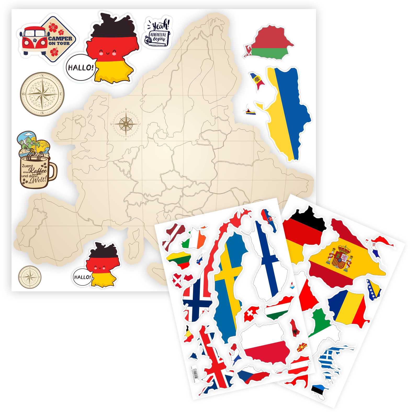 Europa Karte Aufkleber Set  zum Aufkleben - für Fahrzeuge, Möbel, Tür, Wand, Fenster - perfekt für VW Bulli California - FOTOFOL