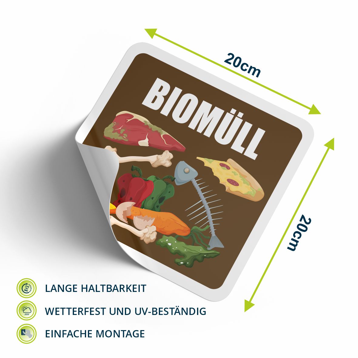 Aufkleber für Abfall- und Mülltrennung Aufkleber 20x20cm - UV-Beständig und Wetterfest - Restmüll, Gelber Sack, Biomüll, Altpapier - FOTOFOL
