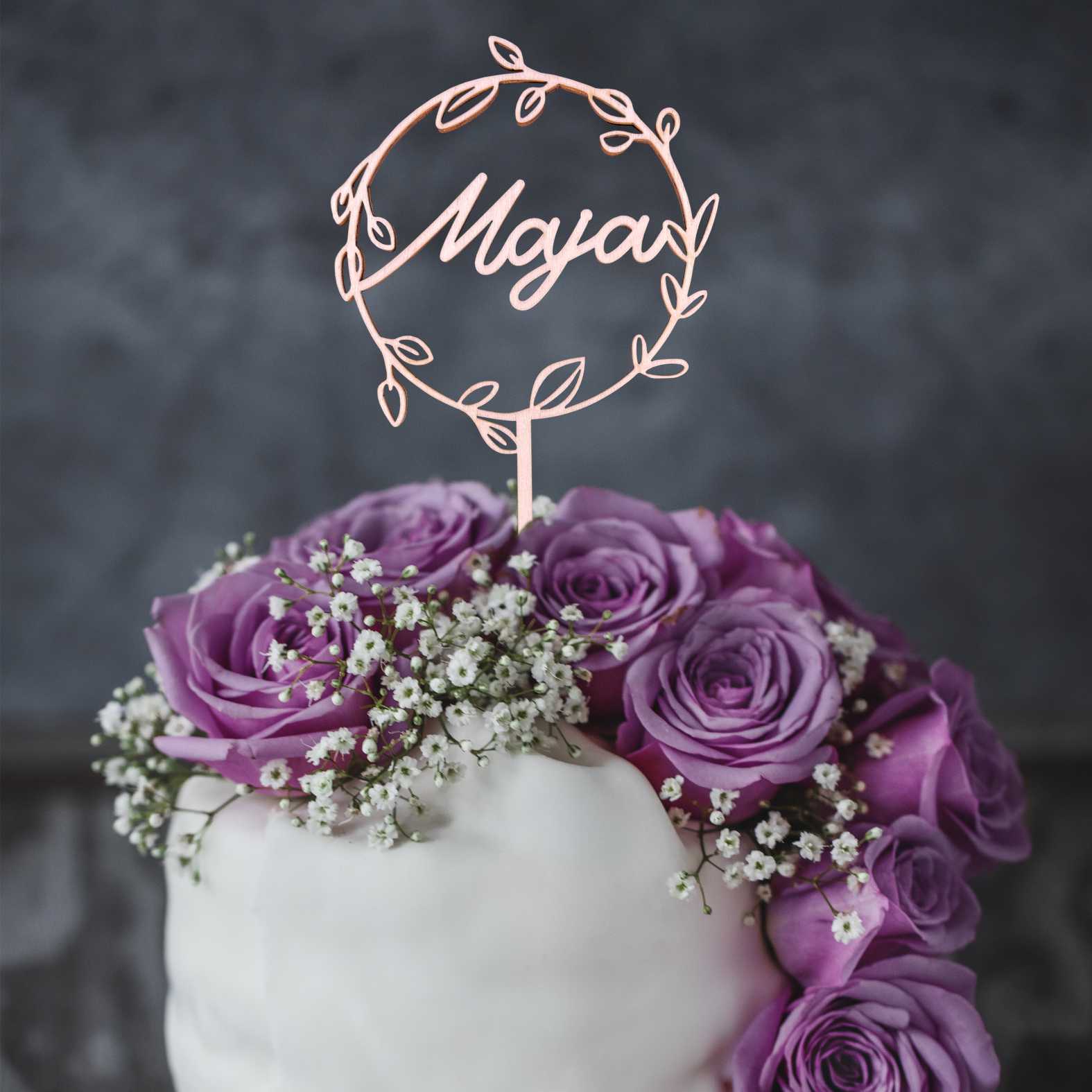CAKE TOPPER Wunschname personalisiert runder Blumenkranz- Tortendeko & Kuchendeko - FOTOFOL
