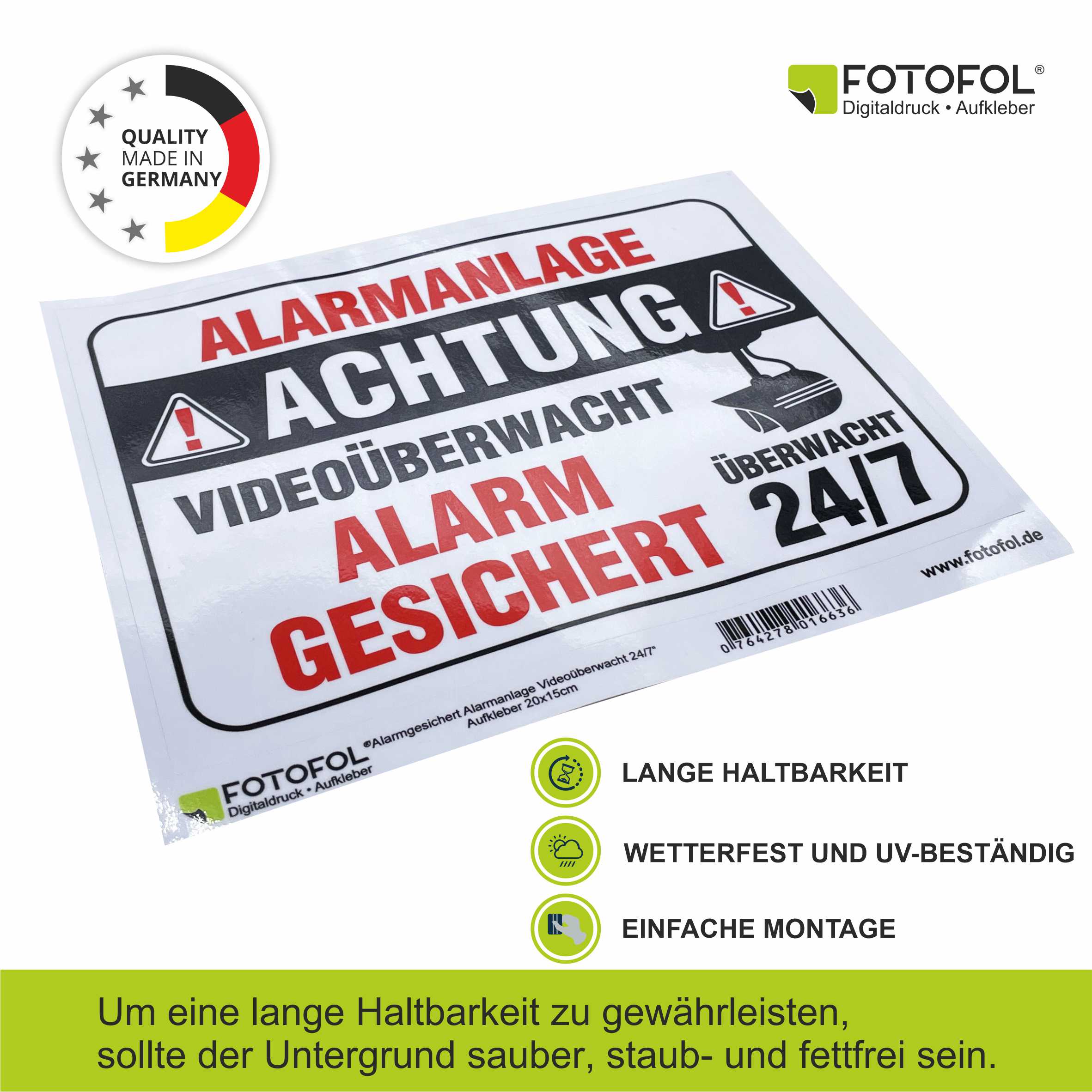 Aufkleber "Alarmgesichert Alarmanlage Videoüberwacht 24/7" - FOTOFOL