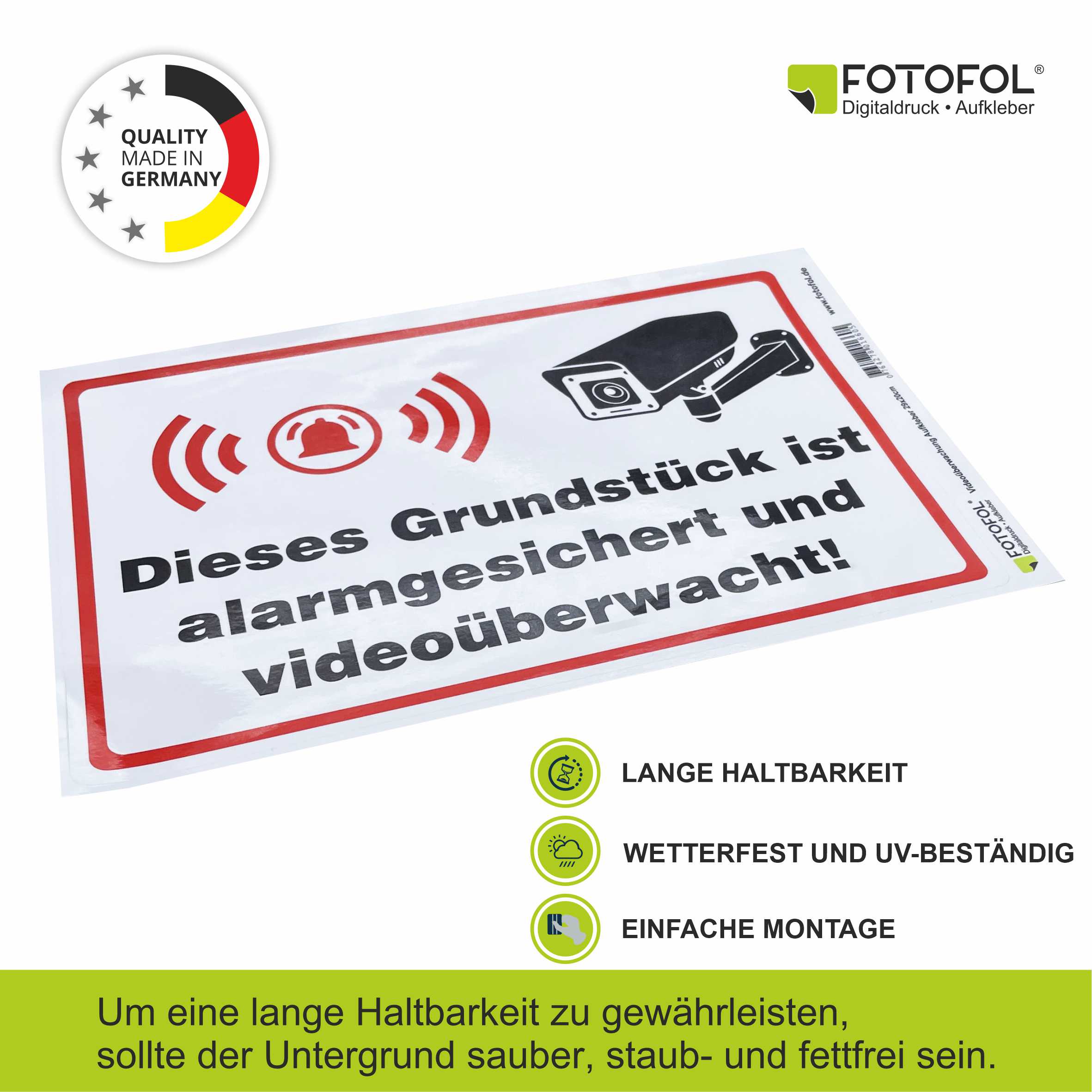 Aufkleber "Dieses Grundstück ist alarmgesichert und videoüberwacht!" - FOTOFOL