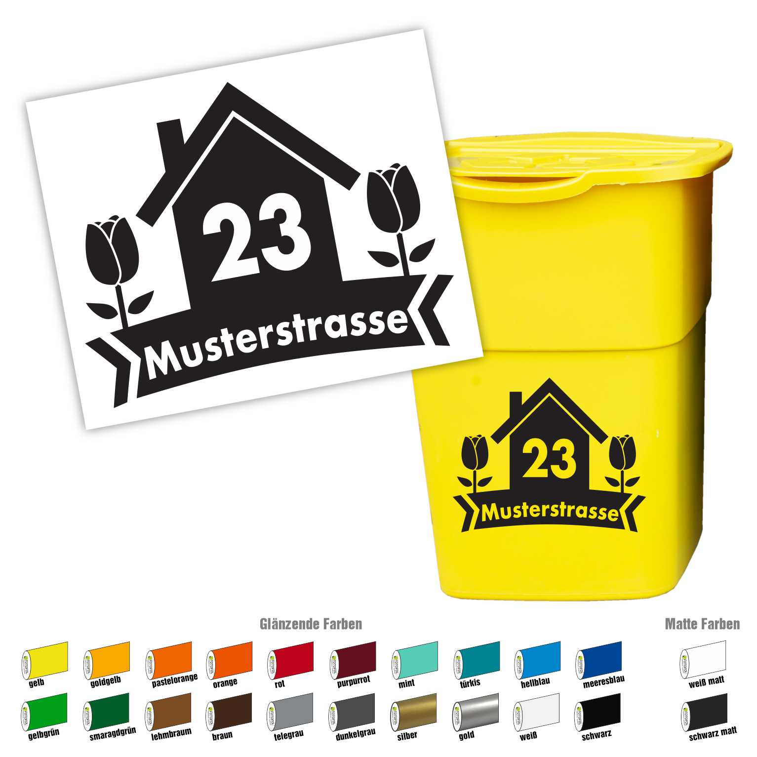 Mülltonne Aufkleber personalisierbar mit Hausnummer und Strasse - Haus Blumen - FOTOFOL