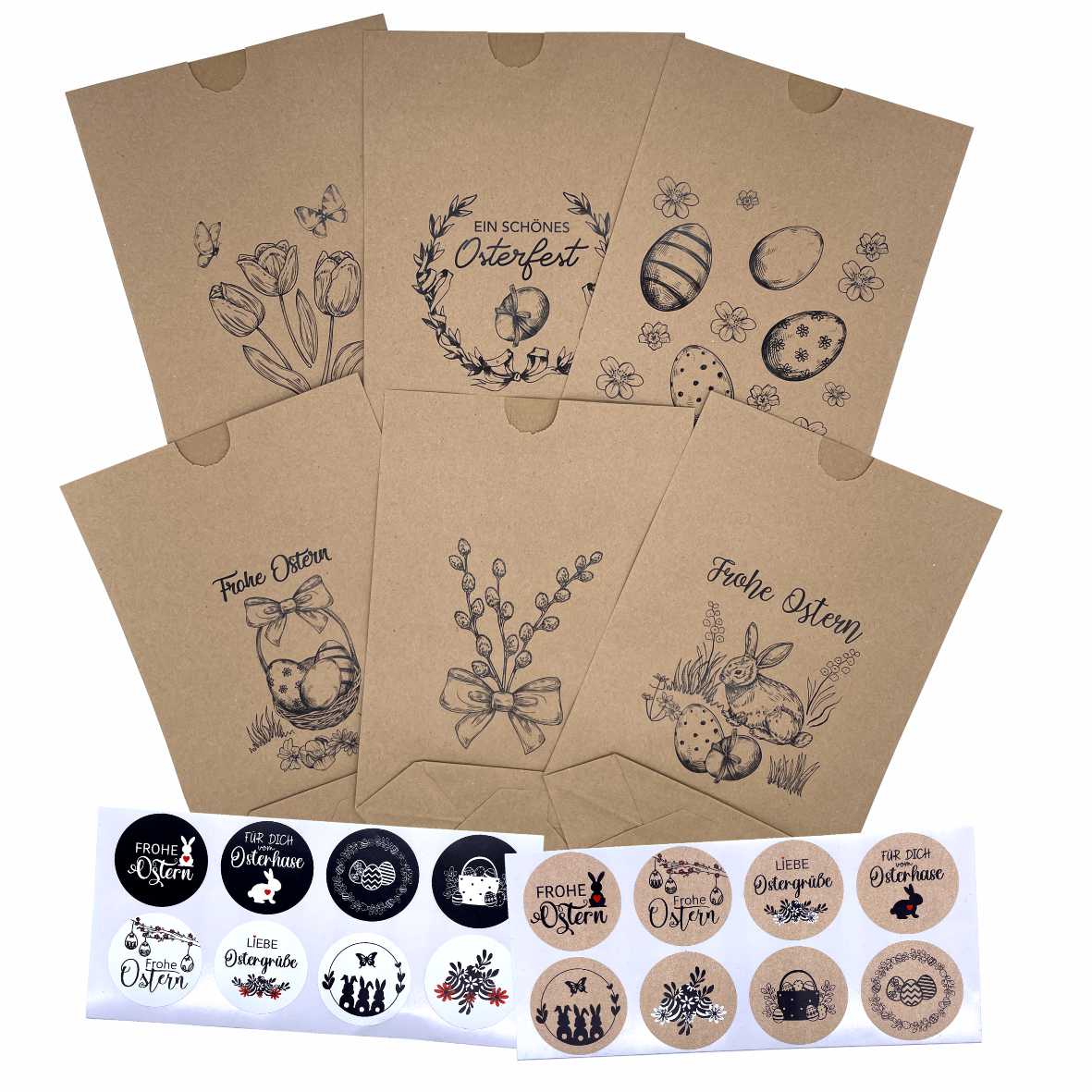 Ostertüten mit Hasen, Blumen, Ostereiern, Frohe Ostern | Schwarz Bedruckte Tüten-lebensmittelunbedenklich - FOTOFOL
