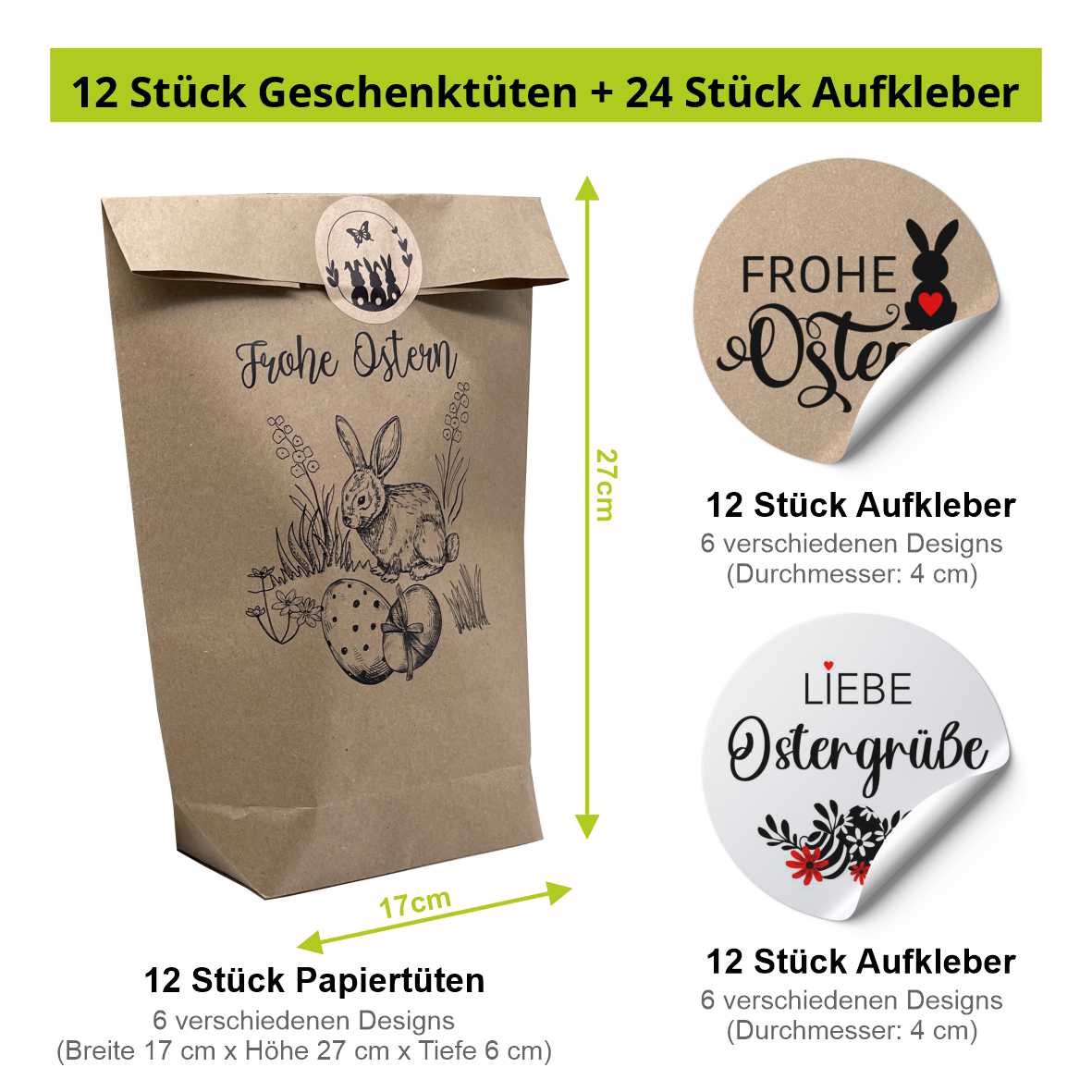 Ostertüten mit Hasen, Blumen, Ostereiern, Frohe Ostern | Schwarz Bedruckte Tüten-lebensmittelunbedenklich - FOTOFOL