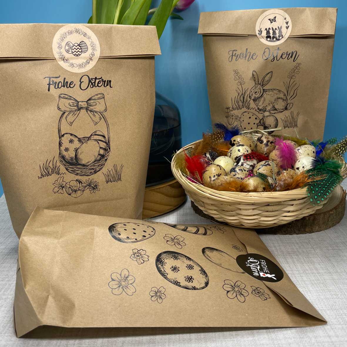Ostertüten mit Hasen, Blumen, Ostereiern, Frohe Ostern | Schwarz Bedruckte Tüten-lebensmittelunbedenklich - FOTOFOL
