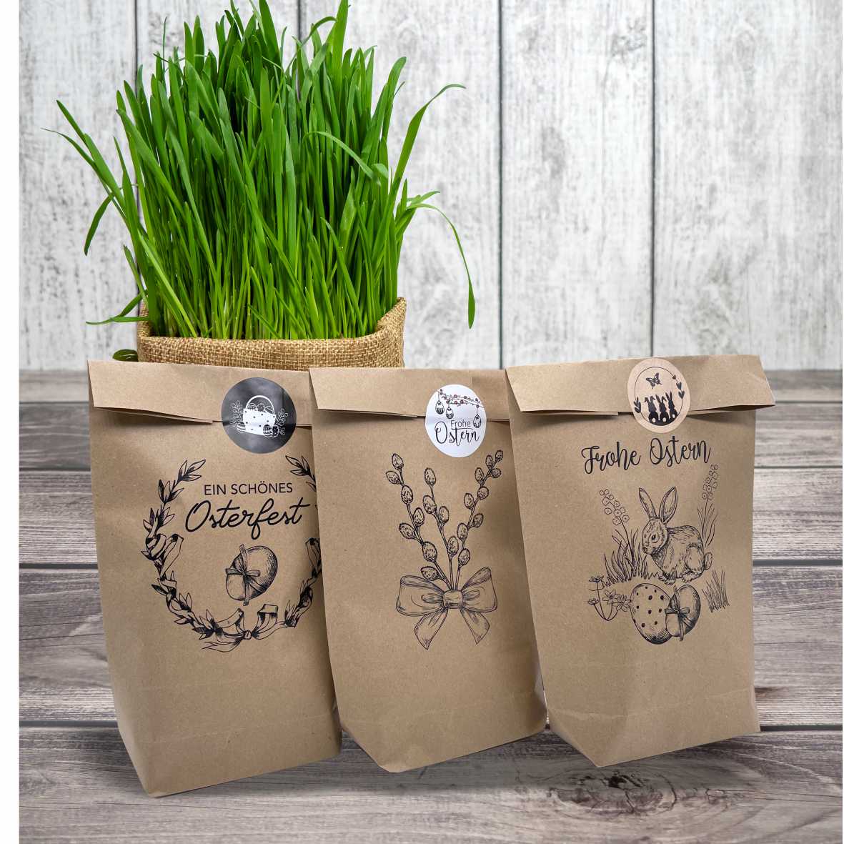 Ostertüten mit Hasen, Blumen, Ostereiern, Frohe Ostern | Schwarz Bedruckte Tüten-lebensmittelunbedenklich - FOTOFOL