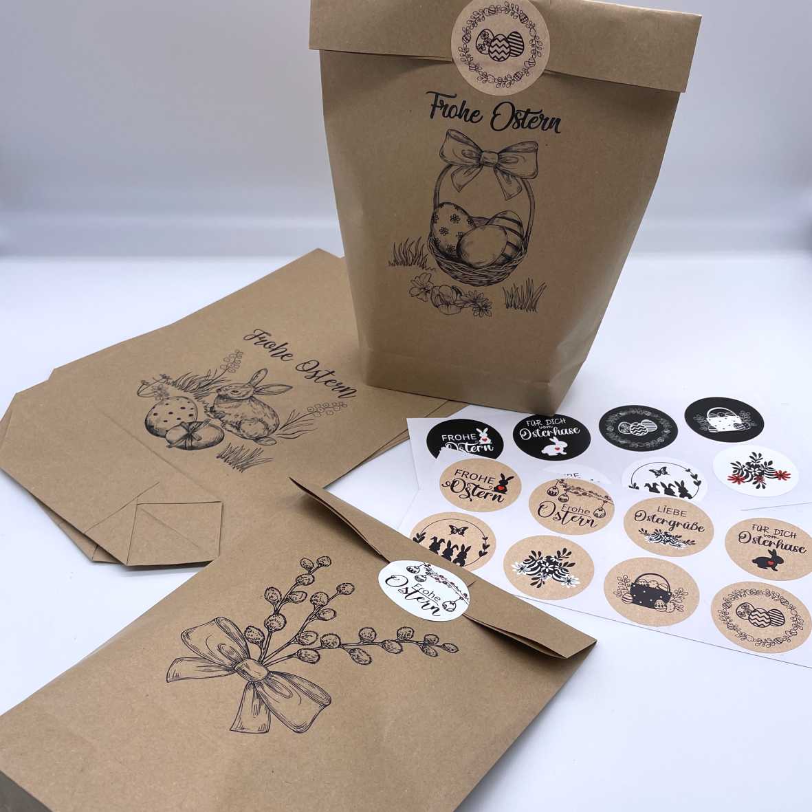Ostertüten mit Hasen, Blumen, Ostereiern, Frohe Ostern | Schwarz Bedruckte Tüten-lebensmittelunbedenklich - FOTOFOL