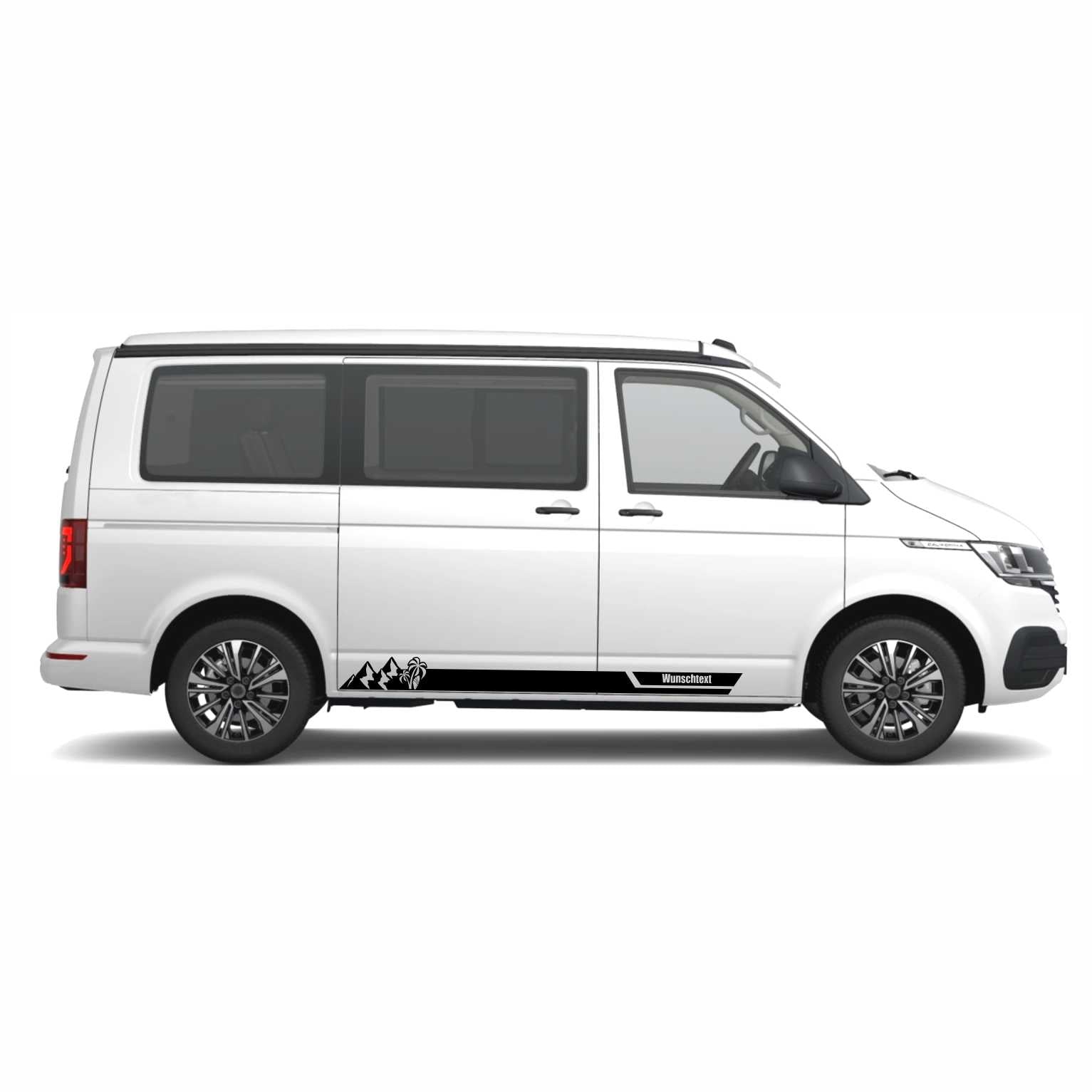 Seitenstreifen Aufkleber Berge-Palme-Surfbrett passend für VW T6.1, T6, T5, Multivan, Bulli, Transporter - mit WUNSCHTEXT - FOTOFOL