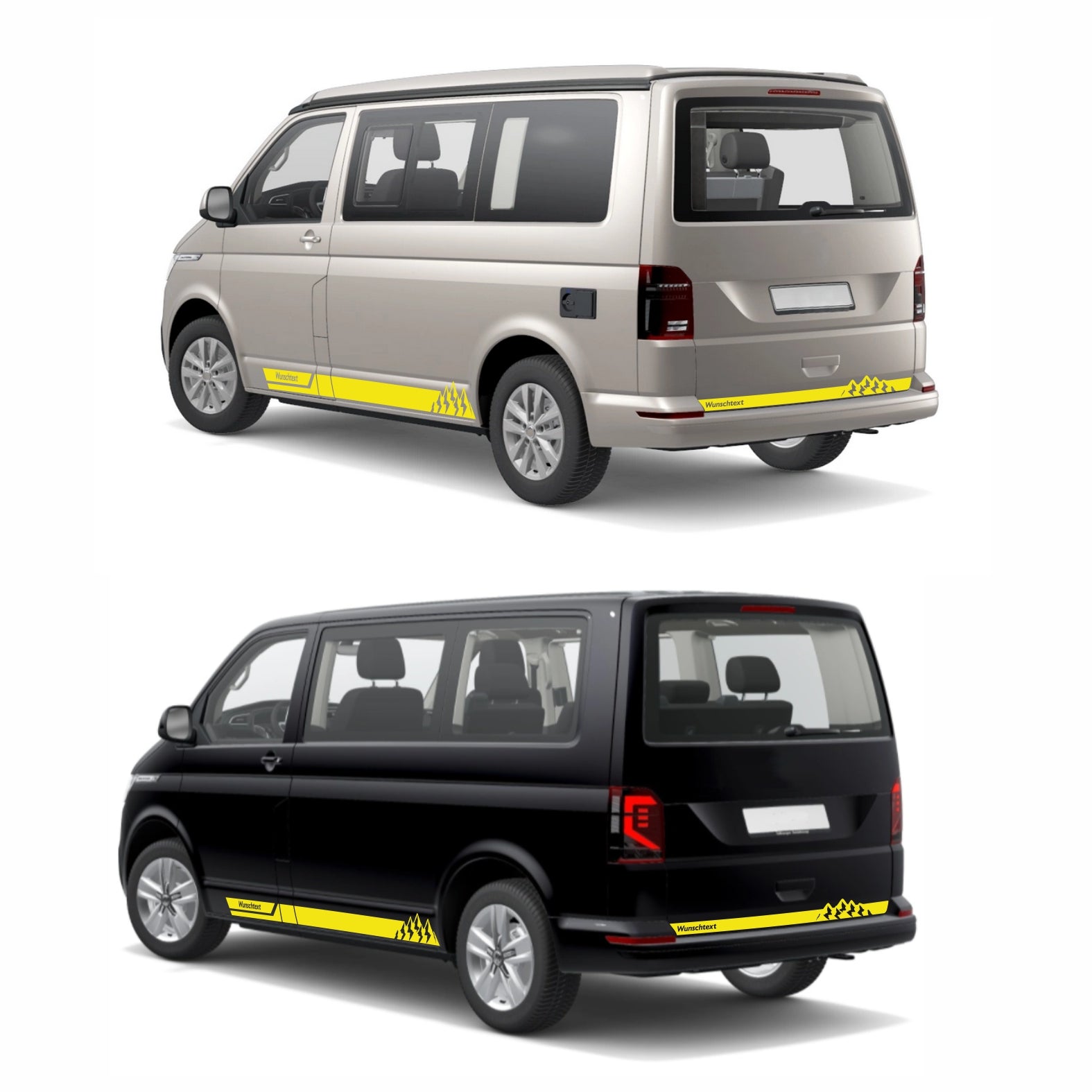 Seitenstreifen Aufkleber mit "Berge" Motiv passend für VW T6.1, T6, T5, Multivan, Bulli, Transporter - WUNSCHTEXT - FOTOFOL