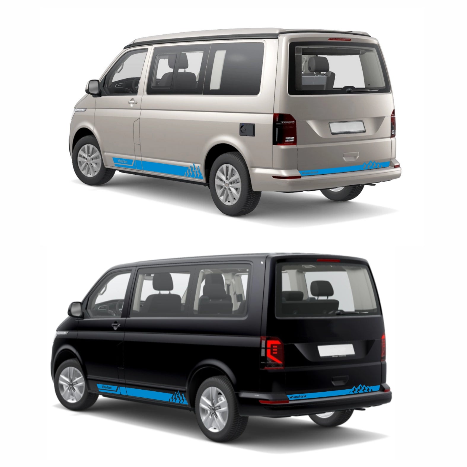 Seitenstreifen Aufkleber mit "Berge" Motiv passend für VW T6.1, T6, T5, Multivan, Bulli, Transporter - WUNSCHTEXT - FOTOFOL